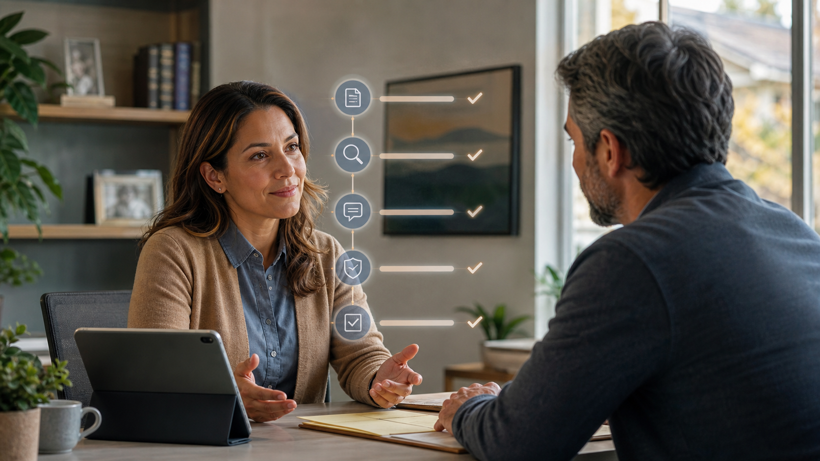 A claims professional supervising an AI agent as it gathers documents, updates systems, and guides a case toward resolution
