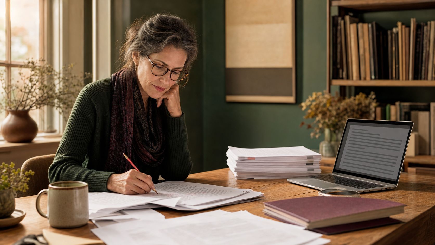 A human editor thoughtfully shaping a draft after an automated first-pass refinement