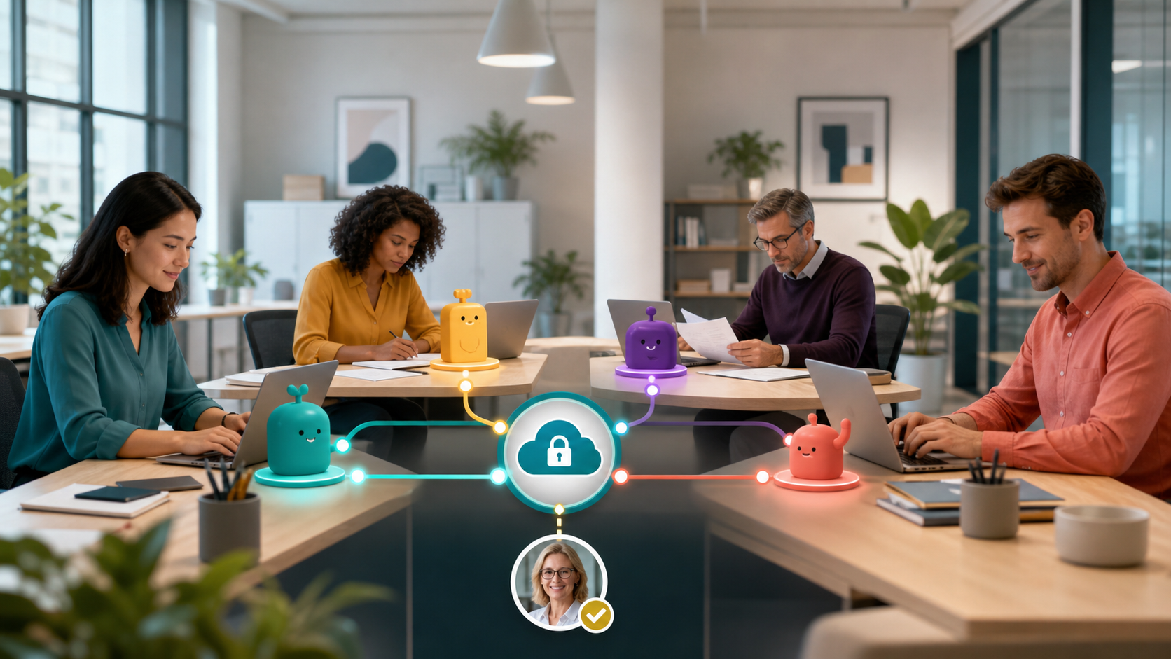 Business teams supervising several specialised AI assistants coordinated through one shared enterprise platform