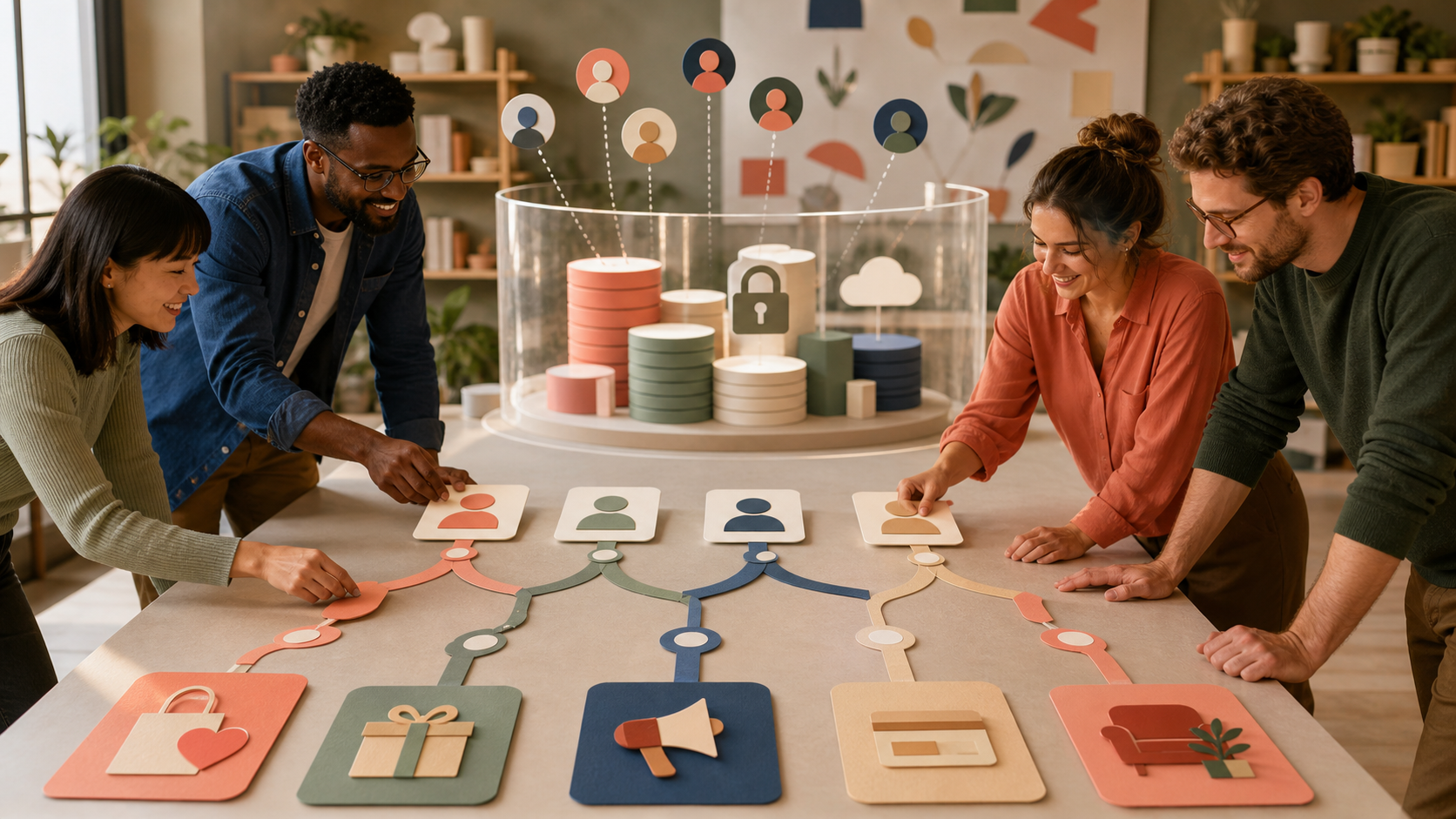A marketing team arranging a small number of personalised customer paths from a shared pool of responsibly managed data