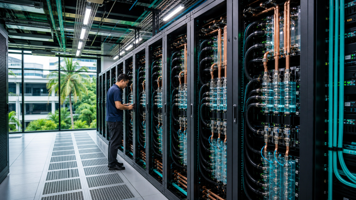 A bright Asia-Pacific data centre using visible liquid-cooling lines and compact high-density racks