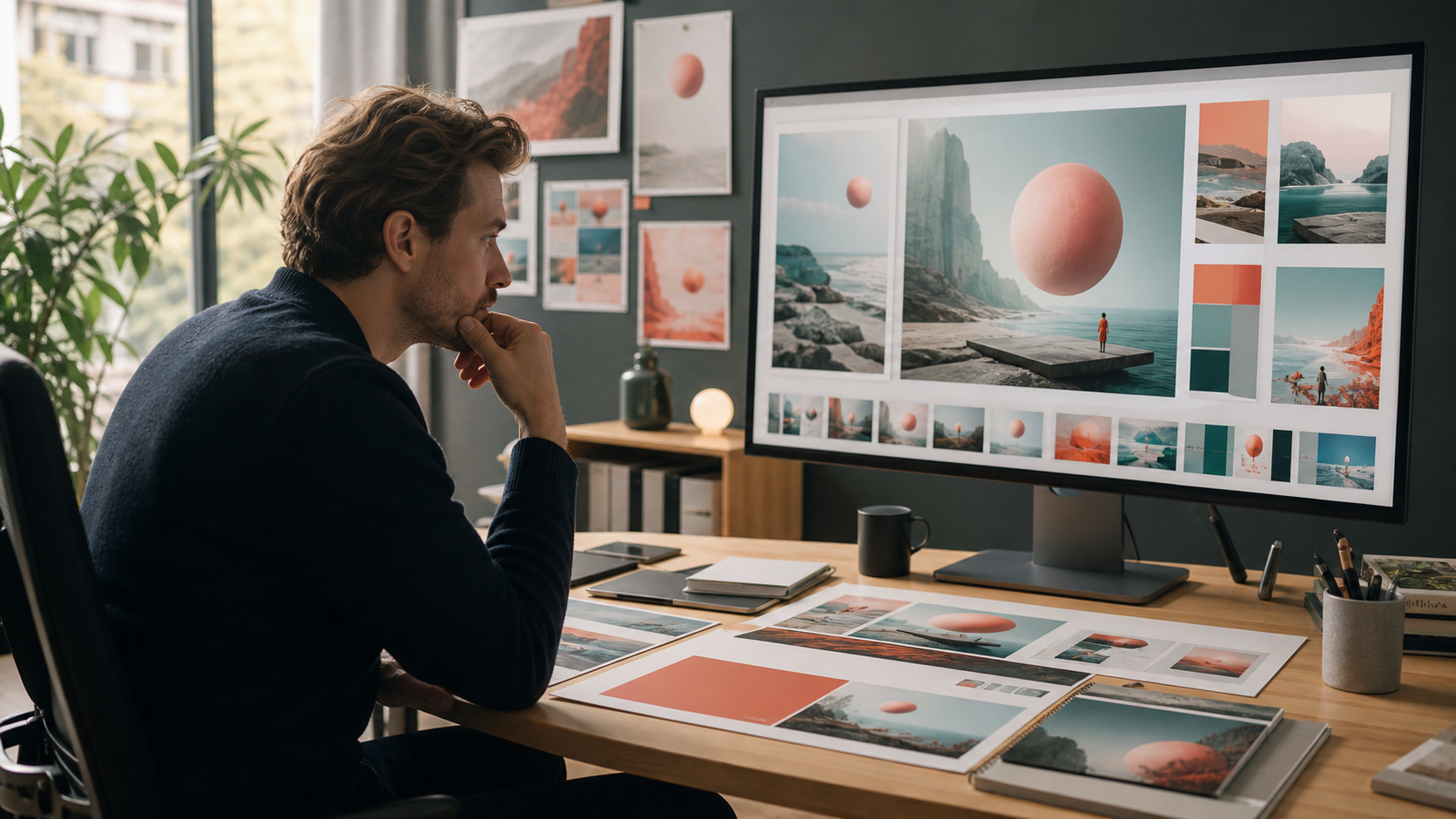 A creative director guiding several coordinated AI production stages from brief to finished presentation, video, and report