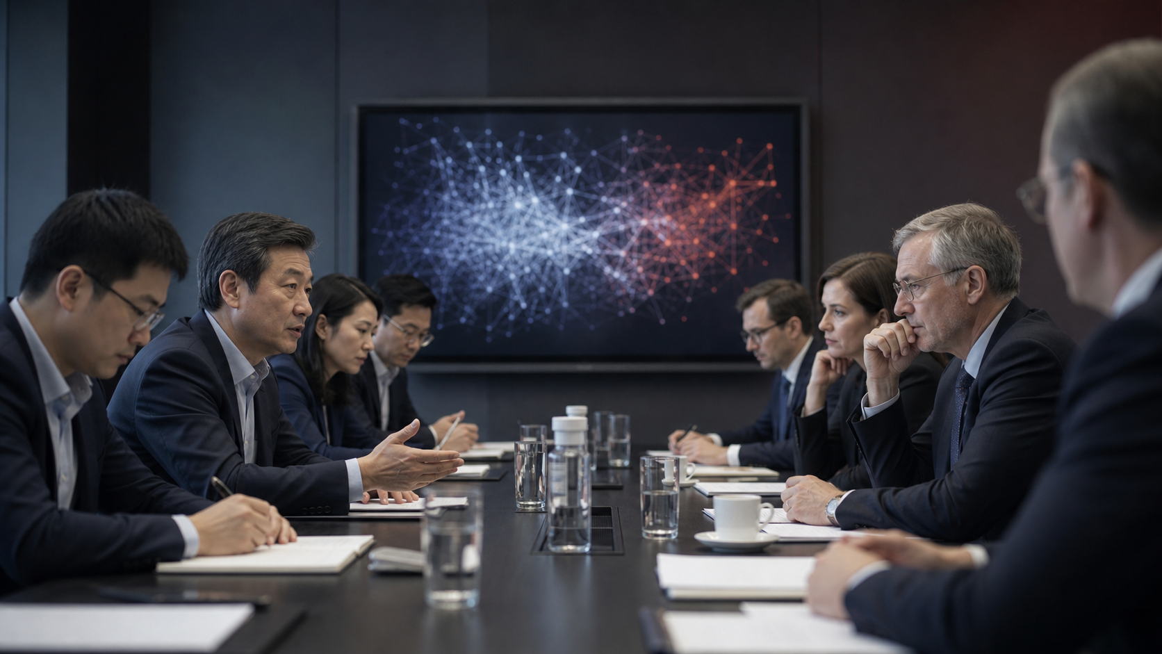 A realistic editorial AI scene for Baidu, US-China relations, AI alliance, research collaboration and geopolitics.