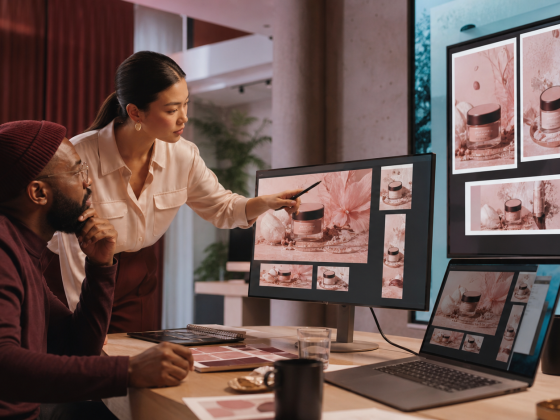 L’Oréal Uses Generative AI to Stretch Every Advertising Asset 1 A tasteful beauty advertising studio where a creative team adapts one elegant product image into several digital formats