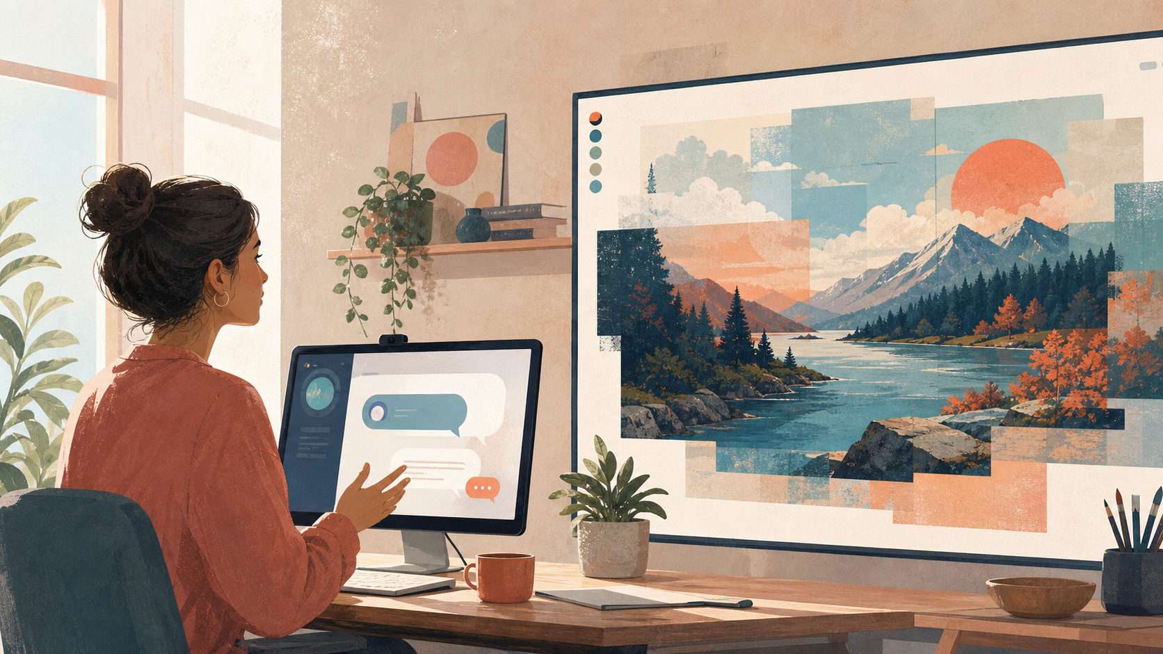 An artist collaborating with a conversational assistant to refine a visual idea