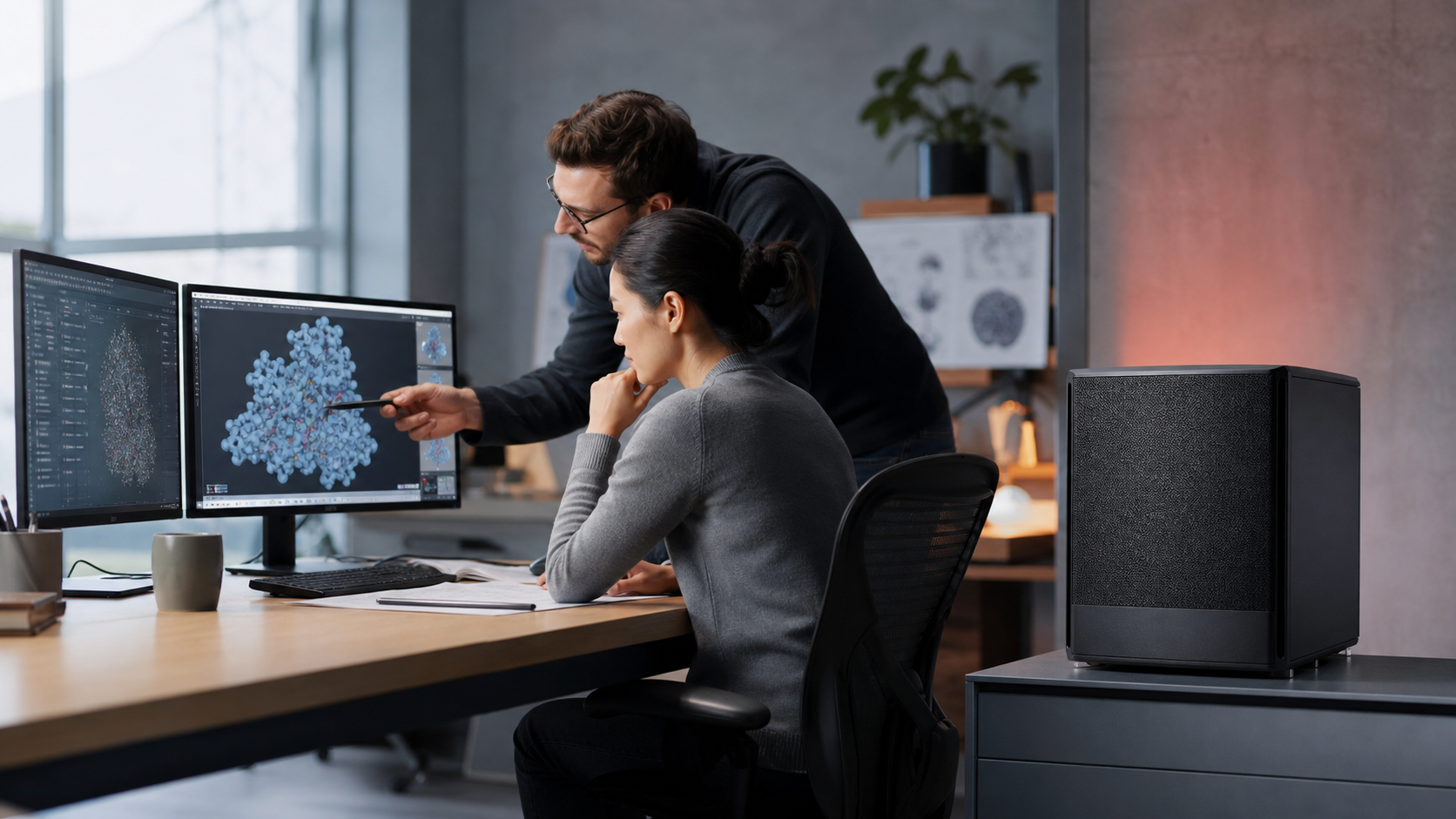 A compact AI workstation operating quietly beside a small research team
