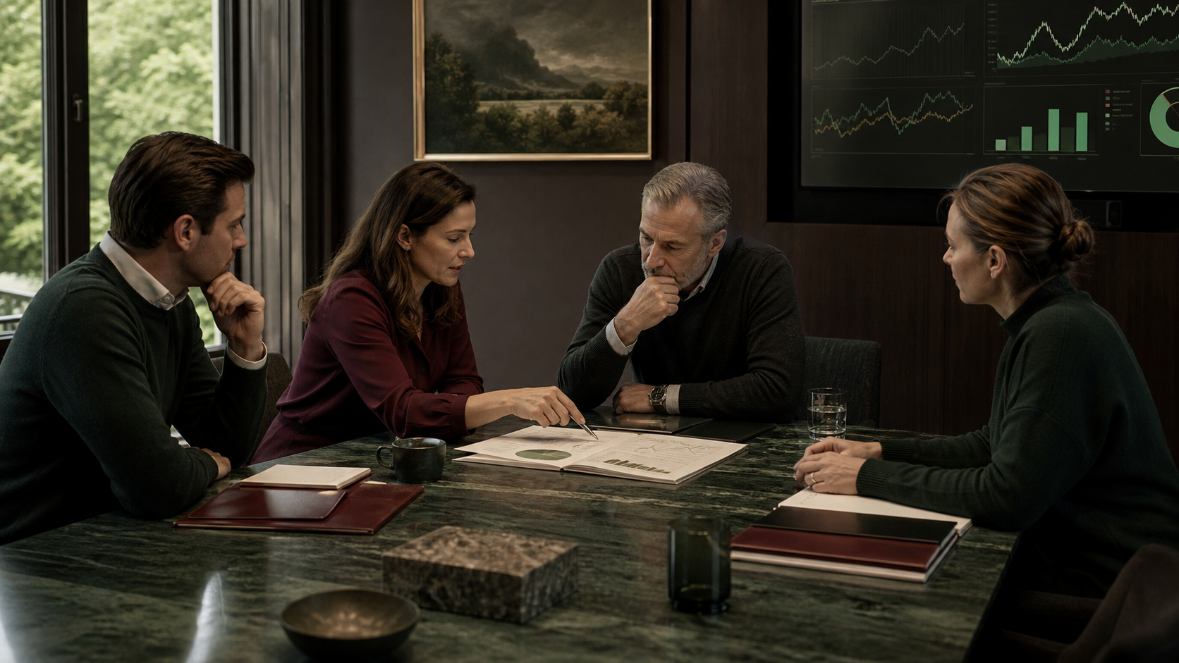 Private wealth team reviewing portfolio insights in a discreet modern office