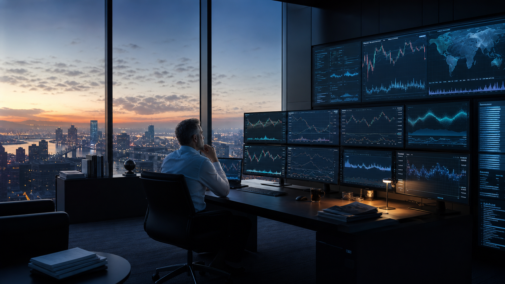 A currency trader supervising an automated system as market signals change across global time zones