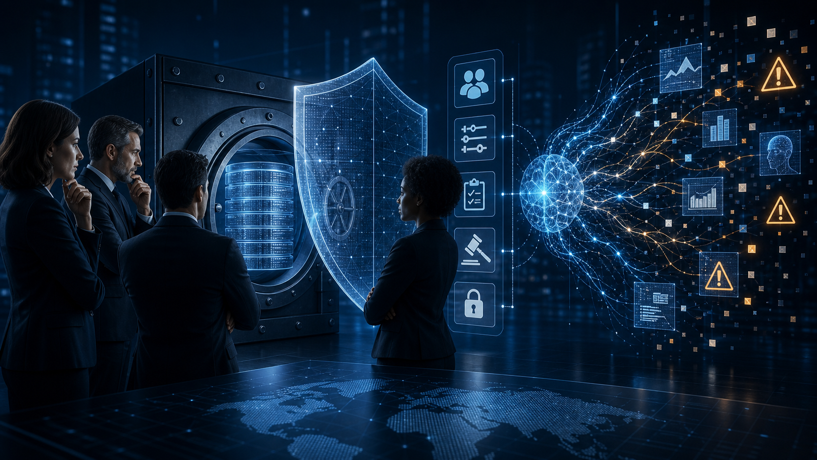 Protected enterprise data vault surrounded by AI governance and security controls