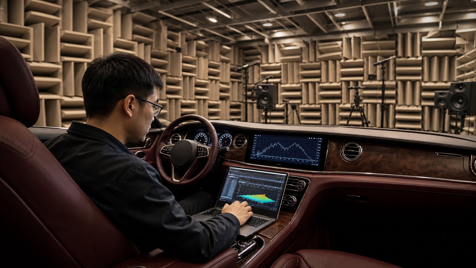 An acoustics engineer tuning a premium car audio system inside a quiet Shanghai laboratory
