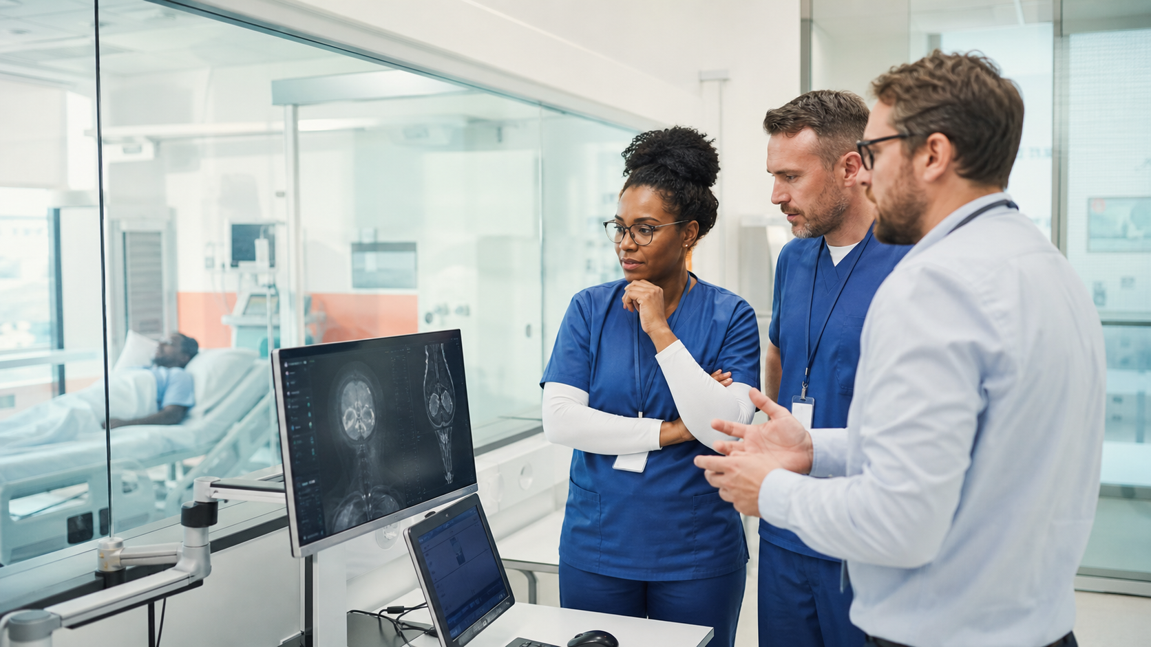 Clinicians and technology specialists evaluating a medical AI system inside a controlled hospital testing environment