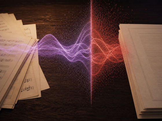 Music Publishers Test AI Training Against Copyright Law 1 Sheet music and a legal document divided by an abstract AI waveform