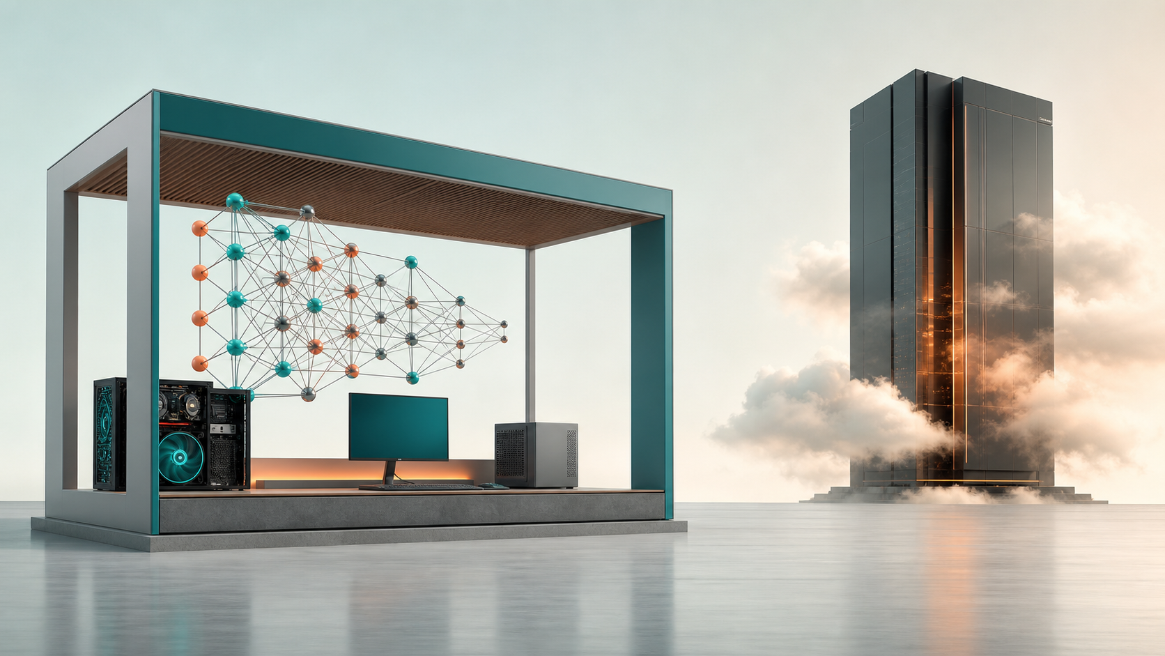 An open AI model running across accessible hardware while cost and performance are compared with closed services