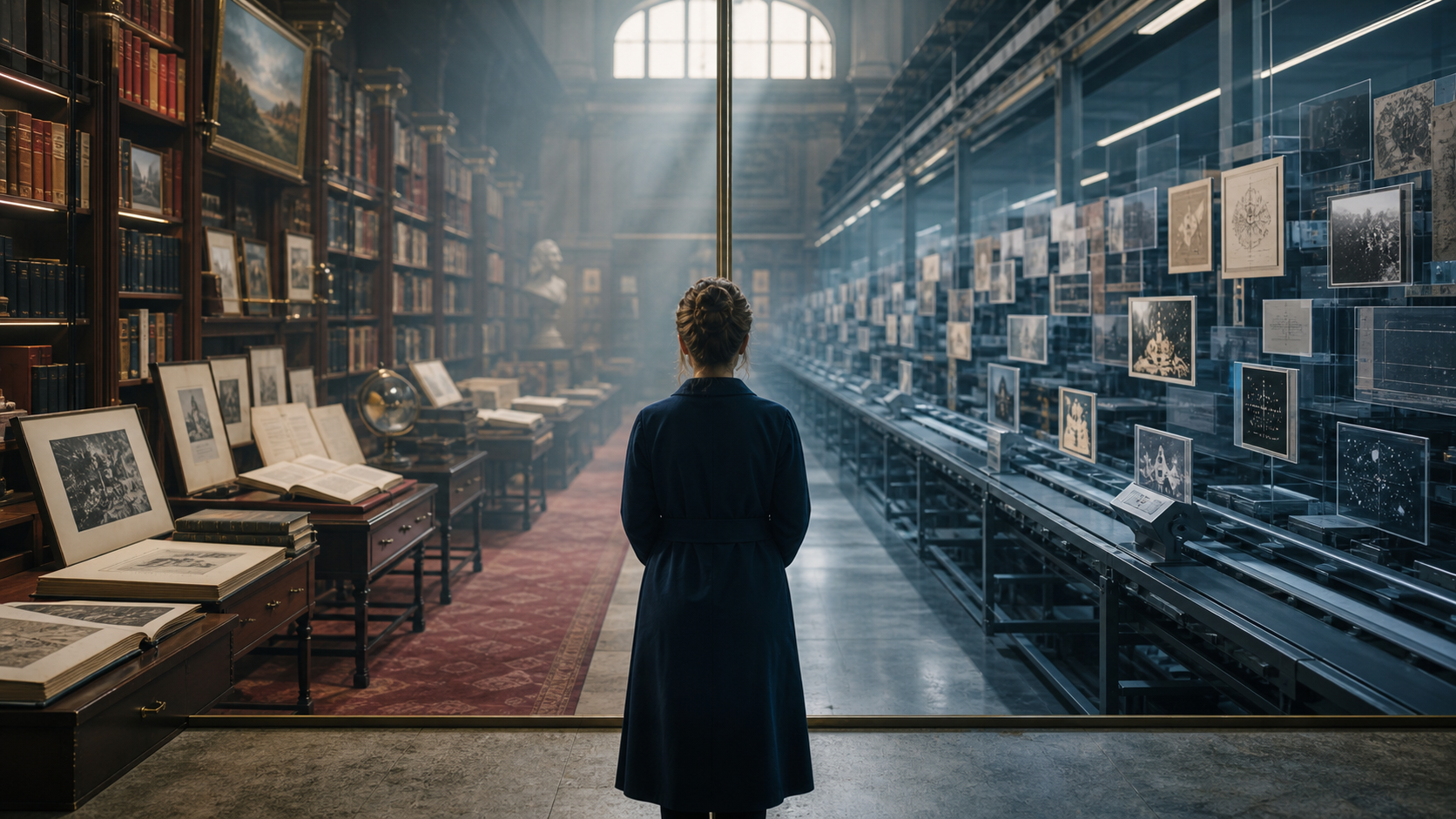 A library archive divided between protected works and a machine learning pipeline