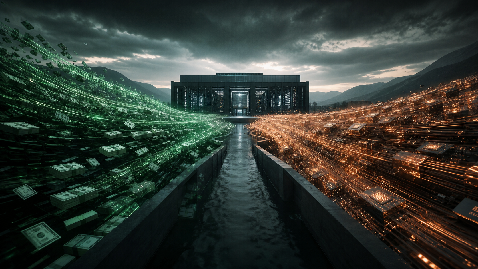 Two monumental but restrained streams of capital and computing capacity converging on a data centre