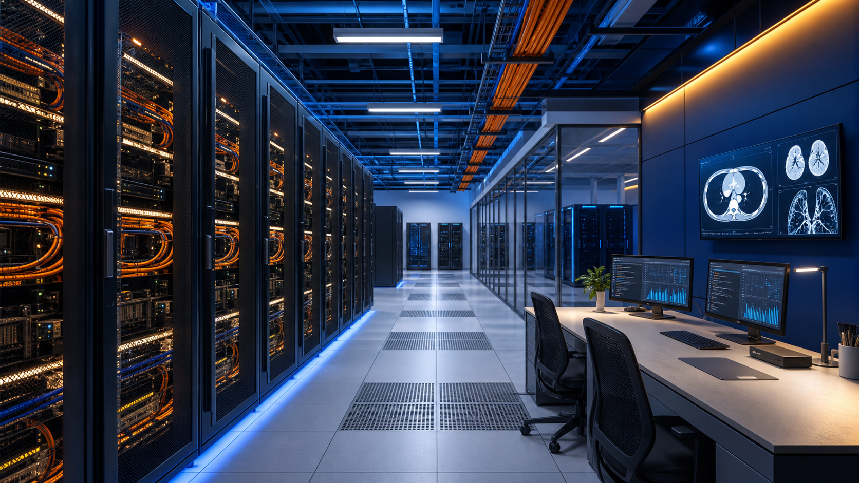 An orderly cloud data centre connecting accelerator racks to healthcare and enterprise workstations