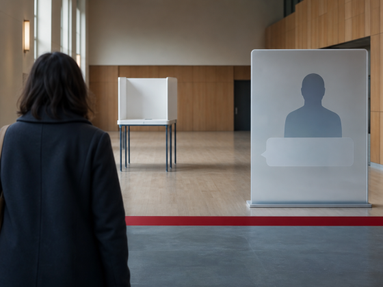 OpenAI Suspension Draws a Line Around Political Impersonation Bots 2 A voter viewing a clearly separated human candidate silhouette and chatbot interface