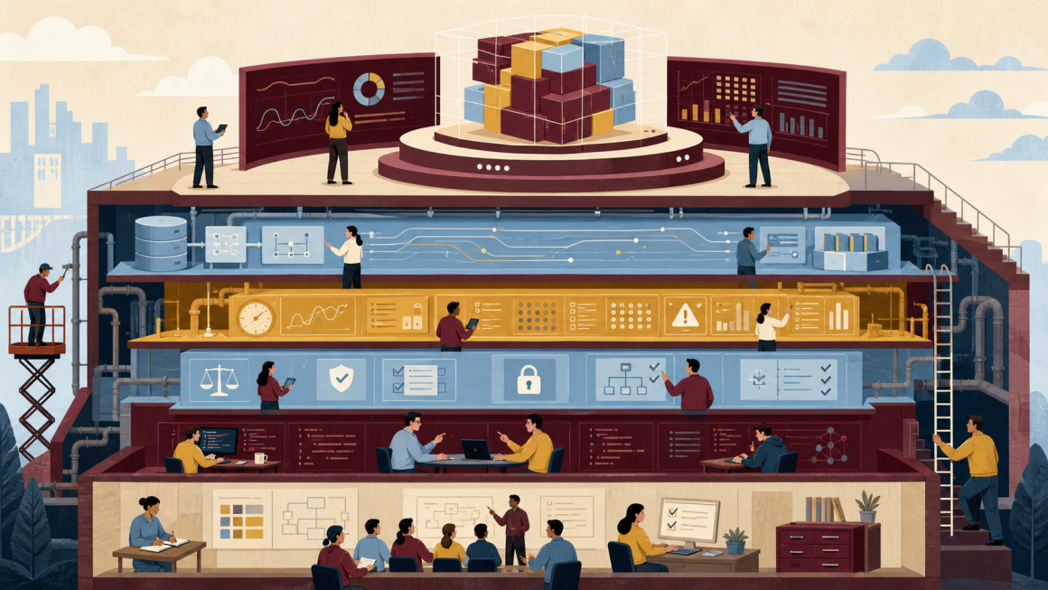 A production AI system supported by practical layers of data lineage, monitoring, compliance, developer review, and training