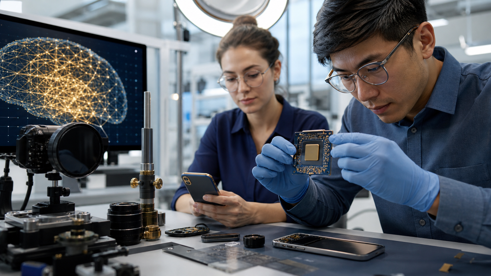 A realistic editorial AI scene for Samsung, neural processing, edge AI, semiconductors and consumer devices.