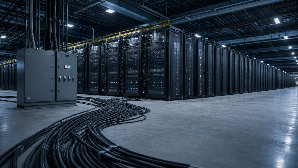 Frontier AI Development Became a Multibillion-Dollar Contest 1 Editorial illustration of escalating chip, data-centre and model-training costs in frontier AI development.