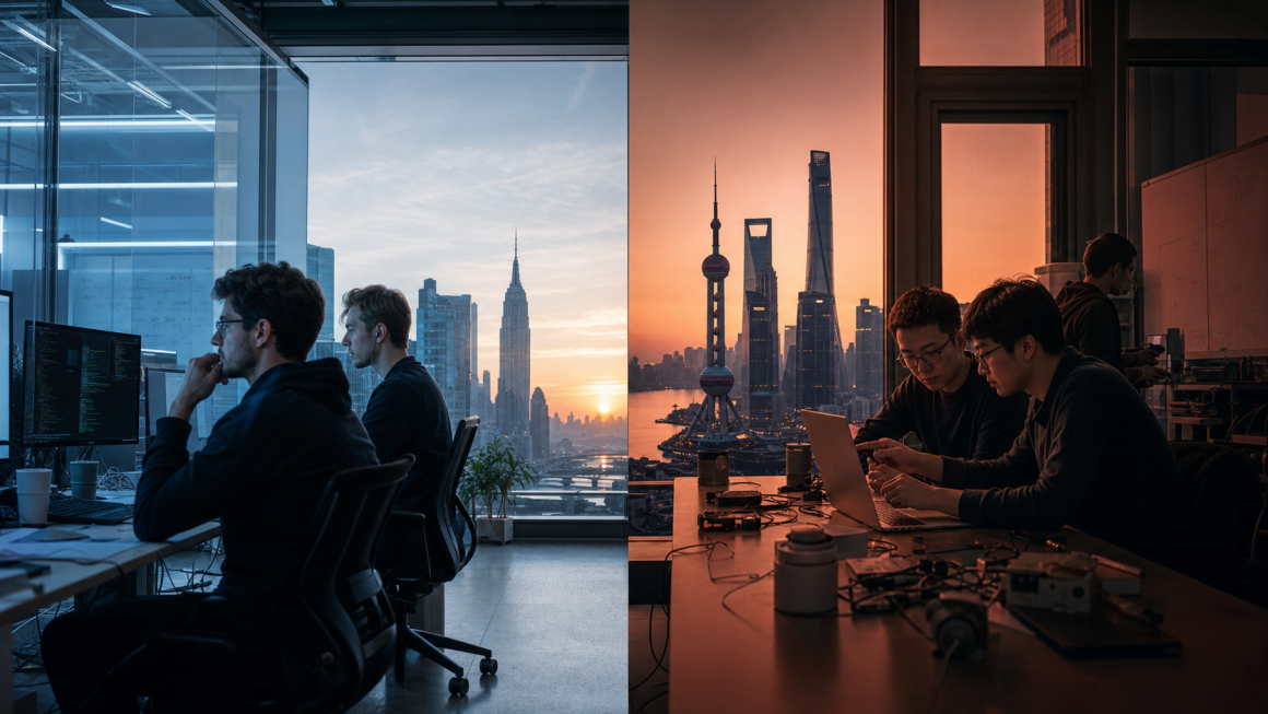 DeepSeek Narrowed the Perceived US-China AI Gap 1 Engineers in two ordinary offices linked by a dawn city skyline with restrained blue and red color undertones.