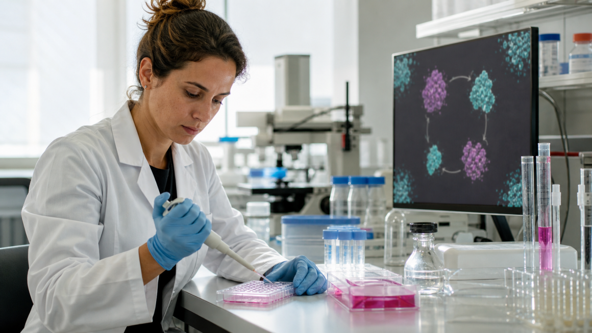 Scientists linking cellular experiments with an iterative AI drug-discovery workflow