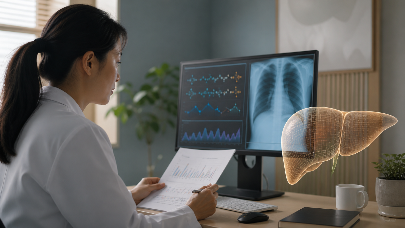 A clinician reviewing routine health data beside a subtle anatomical liver visualization for early disease screening