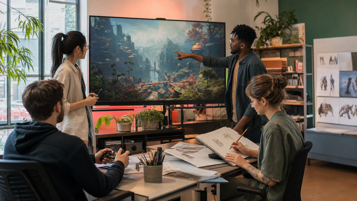 Game developers combining character art, testing and a playable world in an AI-assisted studio