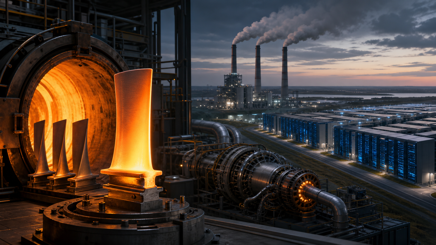 A precision turbine-blade foundry connects to a gas-powered AI data center under a visible pollution plume