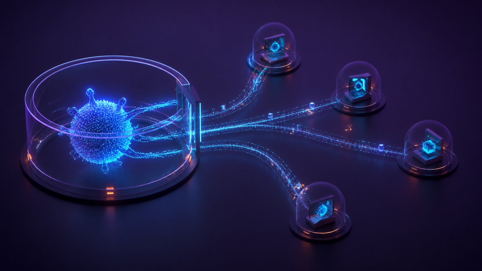 A contained network where one adaptive digital process begins branching toward several isolated machines
