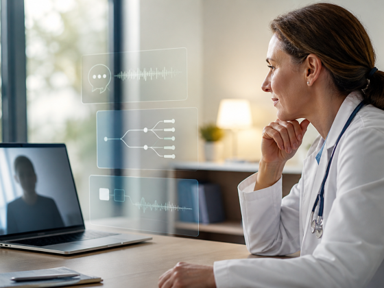 Google’s Video Doctor Experiment Separates Conversation From Clinical Reasoning 1 A clinician reviewing a calm video consultation while three subtle AI layers support conversation, planning and perception