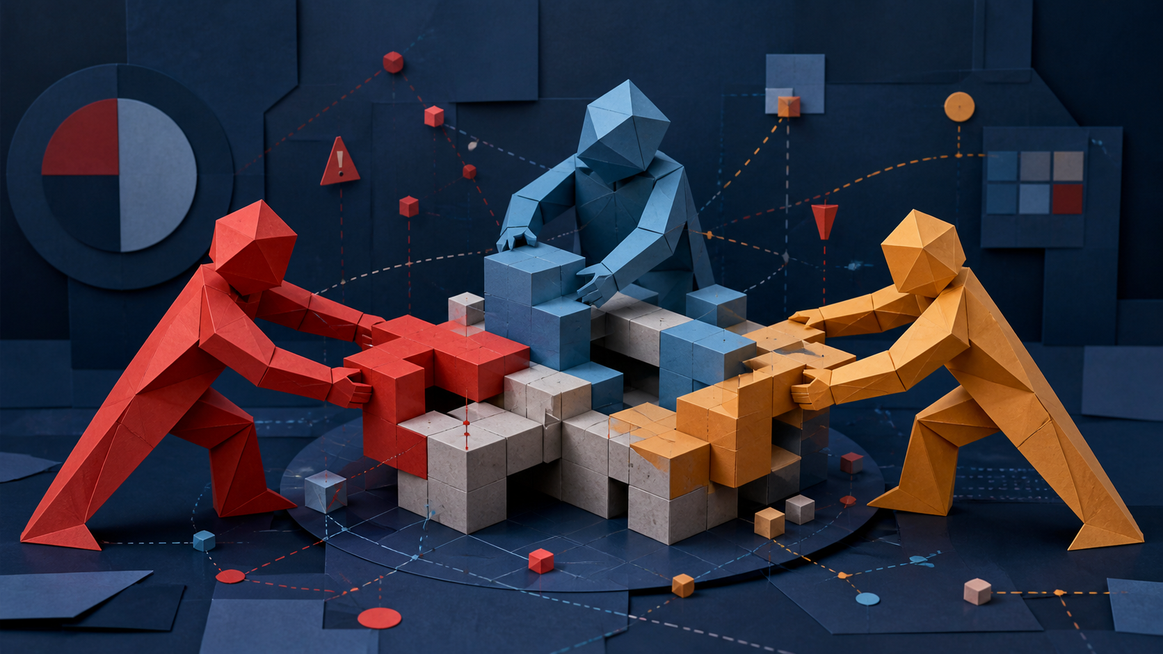 Three abstract AI workers pulling a shared software workspace in conflicting directions as warning signals spread