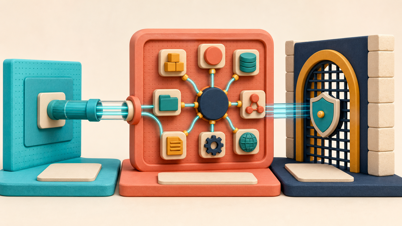 Clear layered architecture distinguishing APIs, MCP tools and a secure gateway