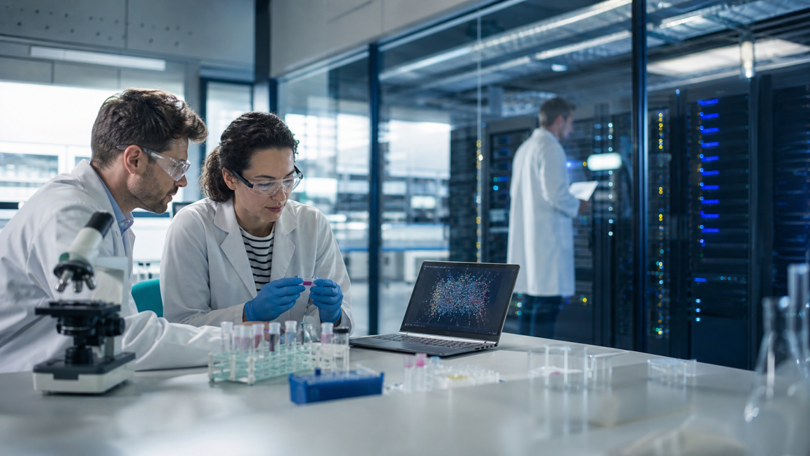 Pharmaceutical researchers connecting molecular experiments to a powerful computing cluster