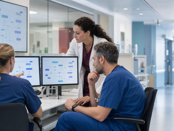 Bunkerhill’s Healthcare Agents Have Crossed the Pilot Barrier 1 Clinical operations team coordinating patient pathways with an AI assistant in a real hospital