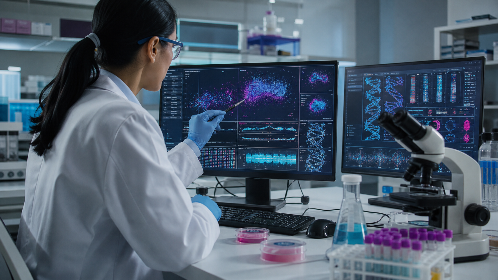 Life-science researcher guiding accelerated genomic and molecular analysis from a laboratory workstation