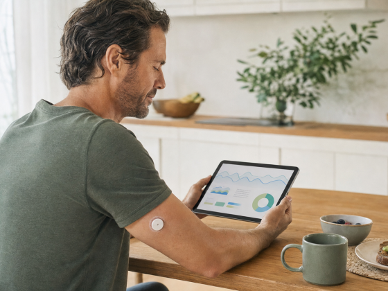 Google’s AI Health Coach Will Add Continuous Glucose Data—With Medical Limits 2 A person reviewing a calm wellness dashboard while a glucose sensor contributes a continuous stream of health data