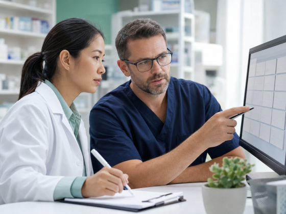 Bluesight and AWS Put Guardrails Around Hospital Compliance AI 1 Hospital pharmacy compliance team reviewing medicine records with a secure digital assistant