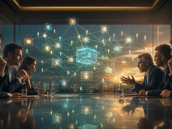 Hugging Face Weighs Reported Acquisition Interest at $13 Billion 1 Two groups negotiate across a boardroom table around a luminous network representing a shared AI ecosystem