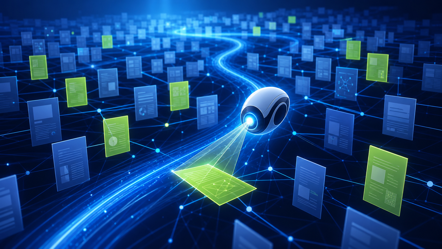 An abstract AI agent navigating a vast luminous web index through structured retrieval pathways