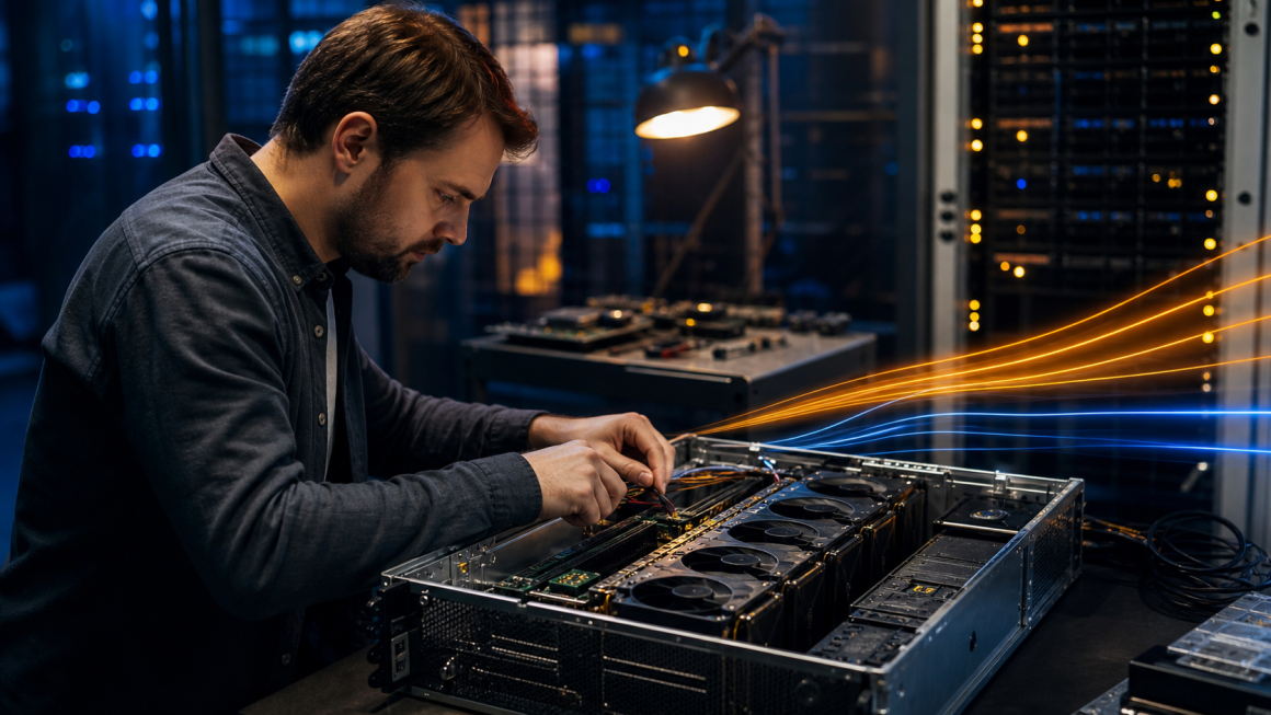 Kog Wants Software—not New Chips—to Unlock Faster AI Inference 1 An engineer examining a GPU server while streamlined light patterns suggest faster AI inference