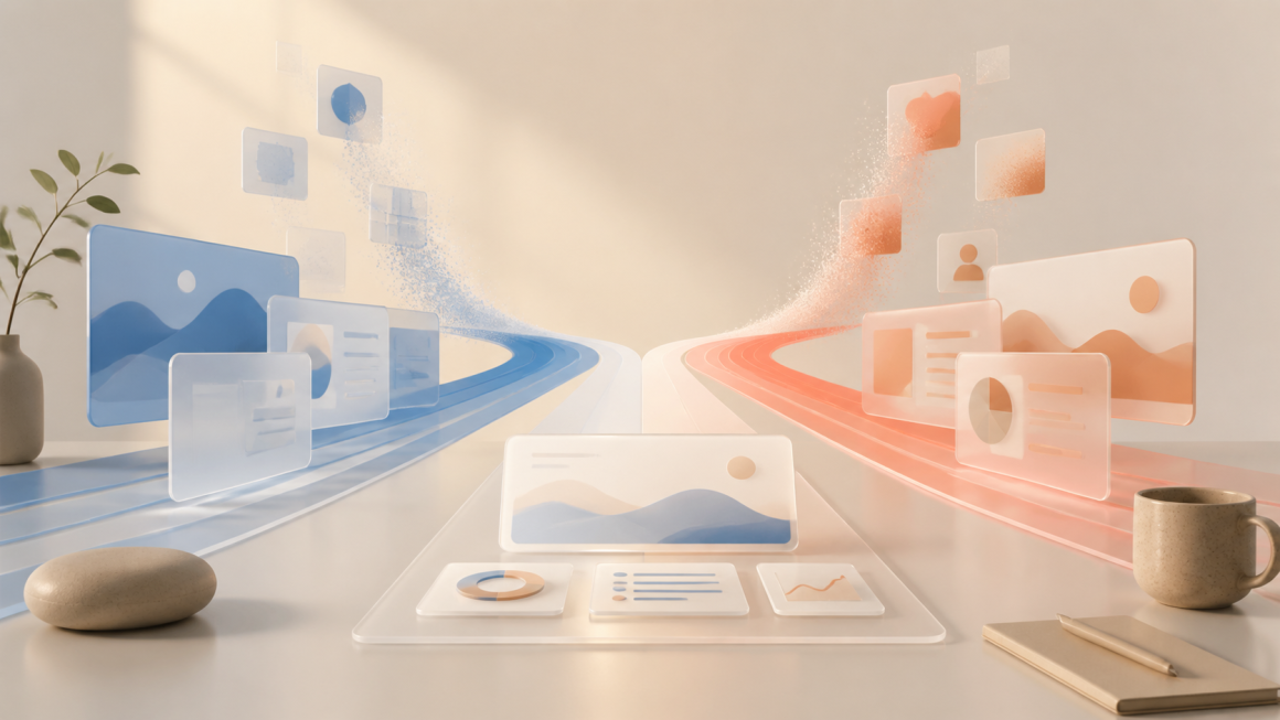 Microsoft Is Consolidating Copilot—and Retiring the Features That Missed 1 Two overlapping digital workspaces merging into one streamlined interface as unused feature tiles fade away