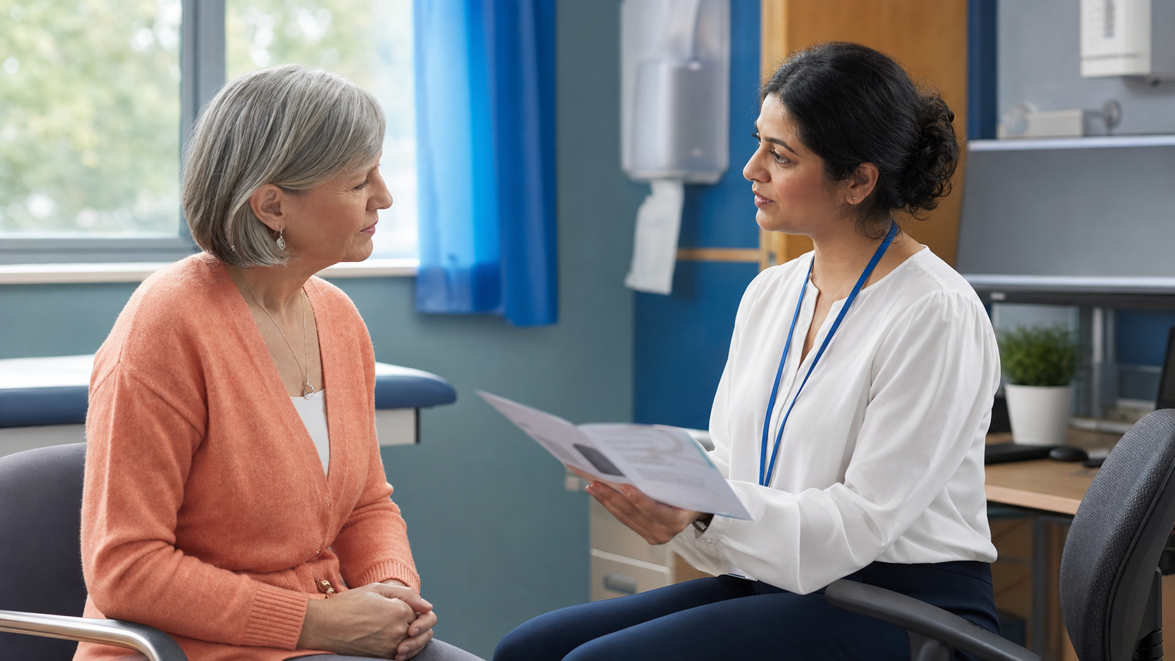 Clinician discussing a blood-based cancer risk result compassionately with a patient