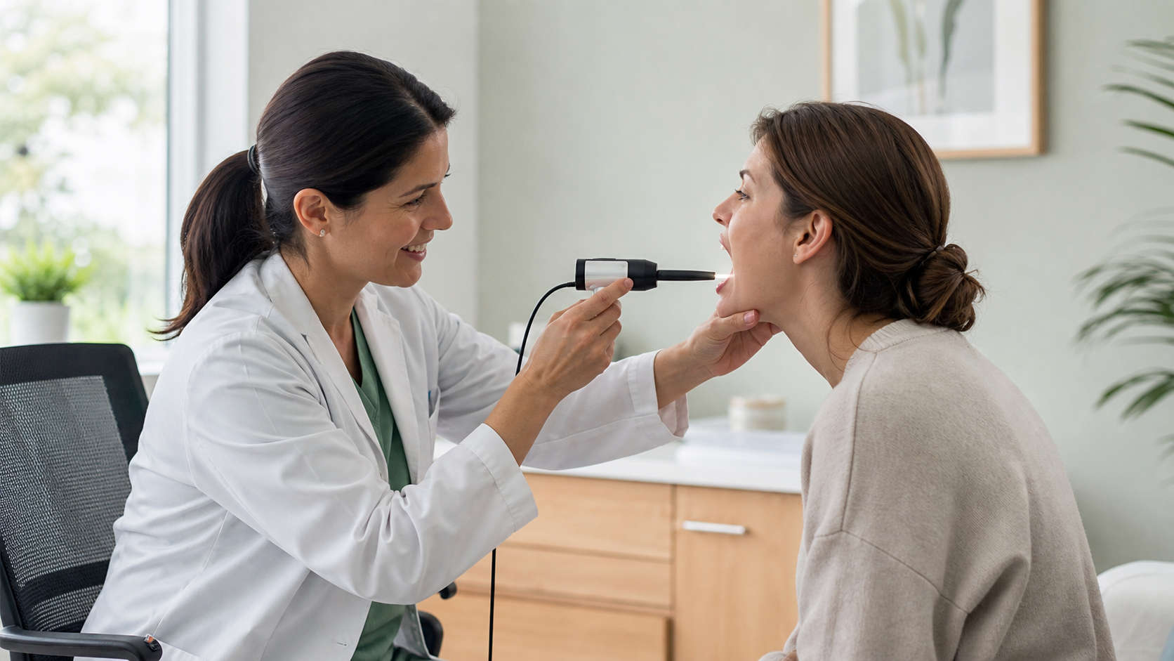 A clinician using a compact camera-based throat examination device in a calm consultation room