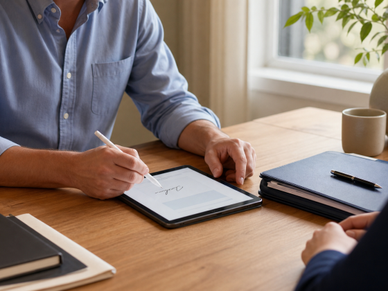 Online PDF Signing Works Best When Convenience Preserves Evidence 2 Professional signing a digital document on a tablet in a clean office setting
