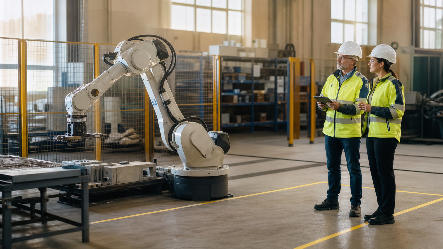Industrial robot operating inside a clearly bounded safety zone beside human workers
