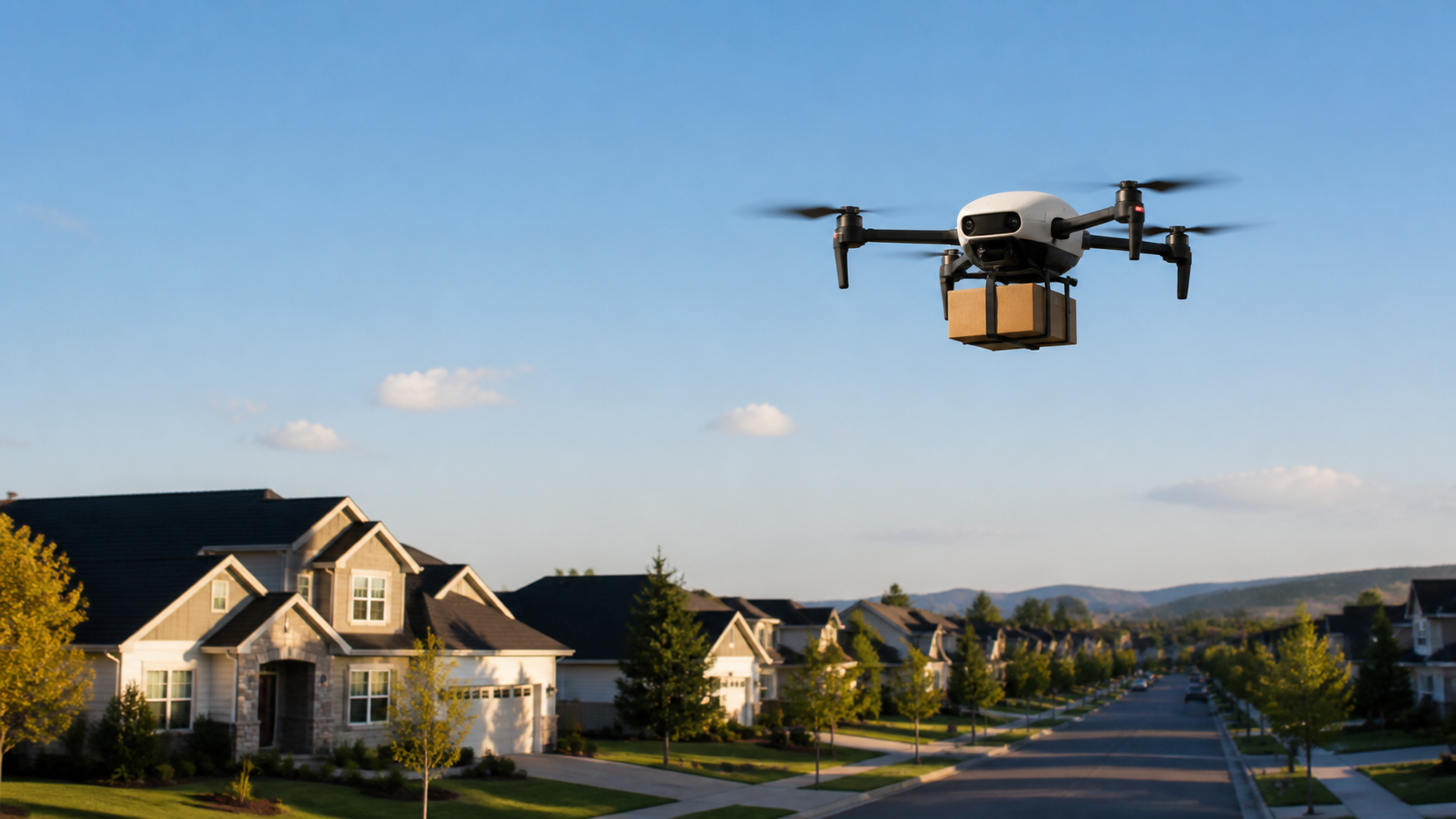 An autonomous delivery drone carrying a small parcel above a quiet suburban neighbourhood