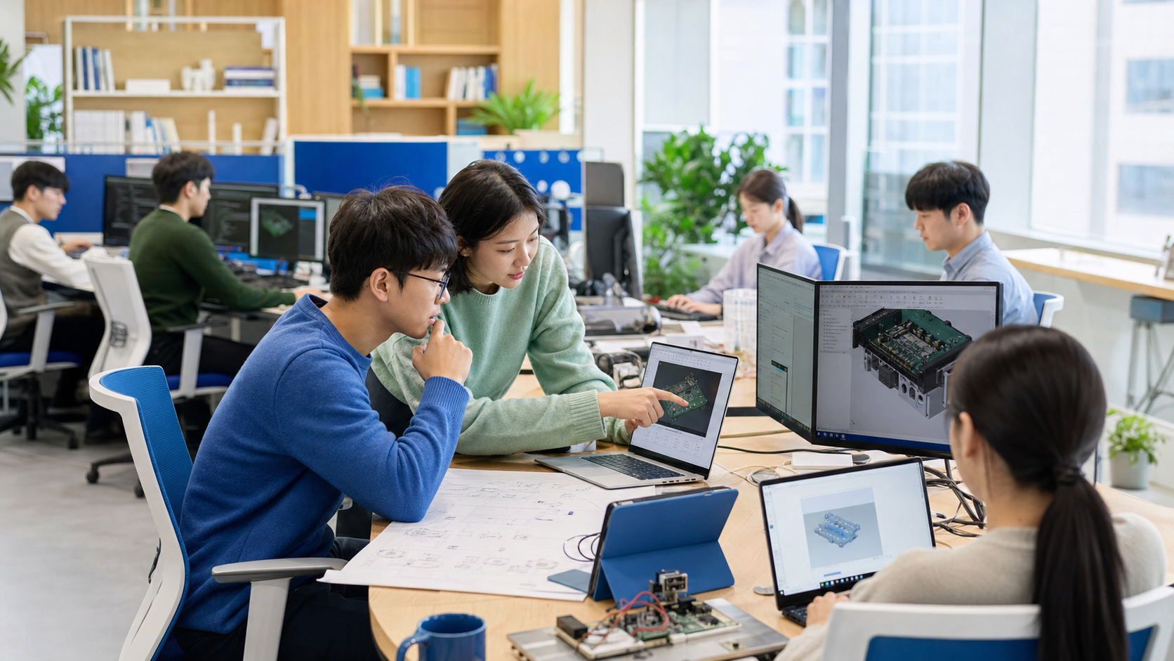 Samsung-style electronics workforce using a governed AI workspace without visible branding