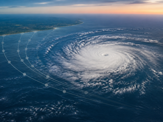 WeatherNext Could Add a Critical Day to Hurricane Warnings 2 A hurricane viewed from above with layered atmospheric forecast paths approaching a coastline