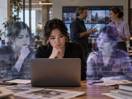 AI Coworker Clones Expose the Limits of Digital Employees 1 Journalist comparing two imperfect digital coworker reflections with real colleagues nearby